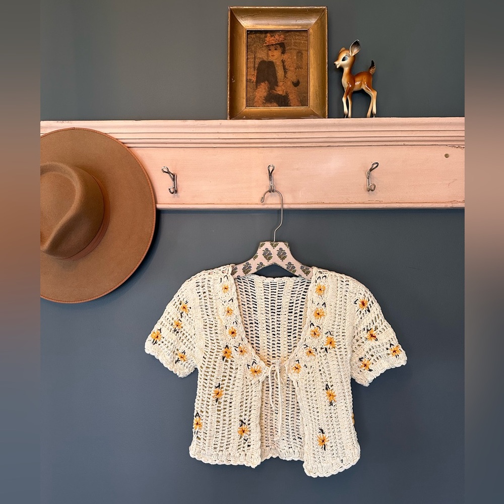 Cotton On Cream Crochet Short Sleeve Cardigan with Yellow Flower Embroidery